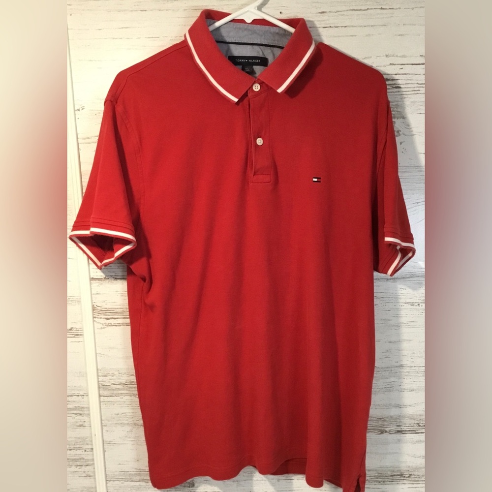 Tommy Hilfiger Red Polo with White Trim, Size Large